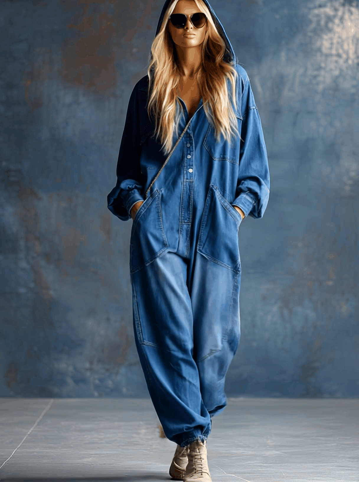 Priscilla - Casual Loose-fit Hooded Blue Denim Button-front Long-sleeved Jumpsuit