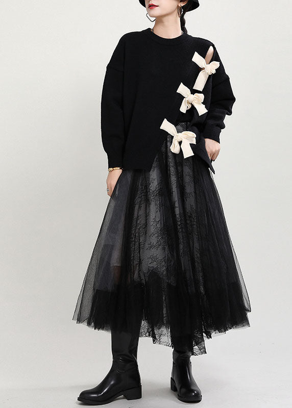 Angela | Organic Black O-Neck Patchwork asymmetrical design Fall Knit Knitted sweaters