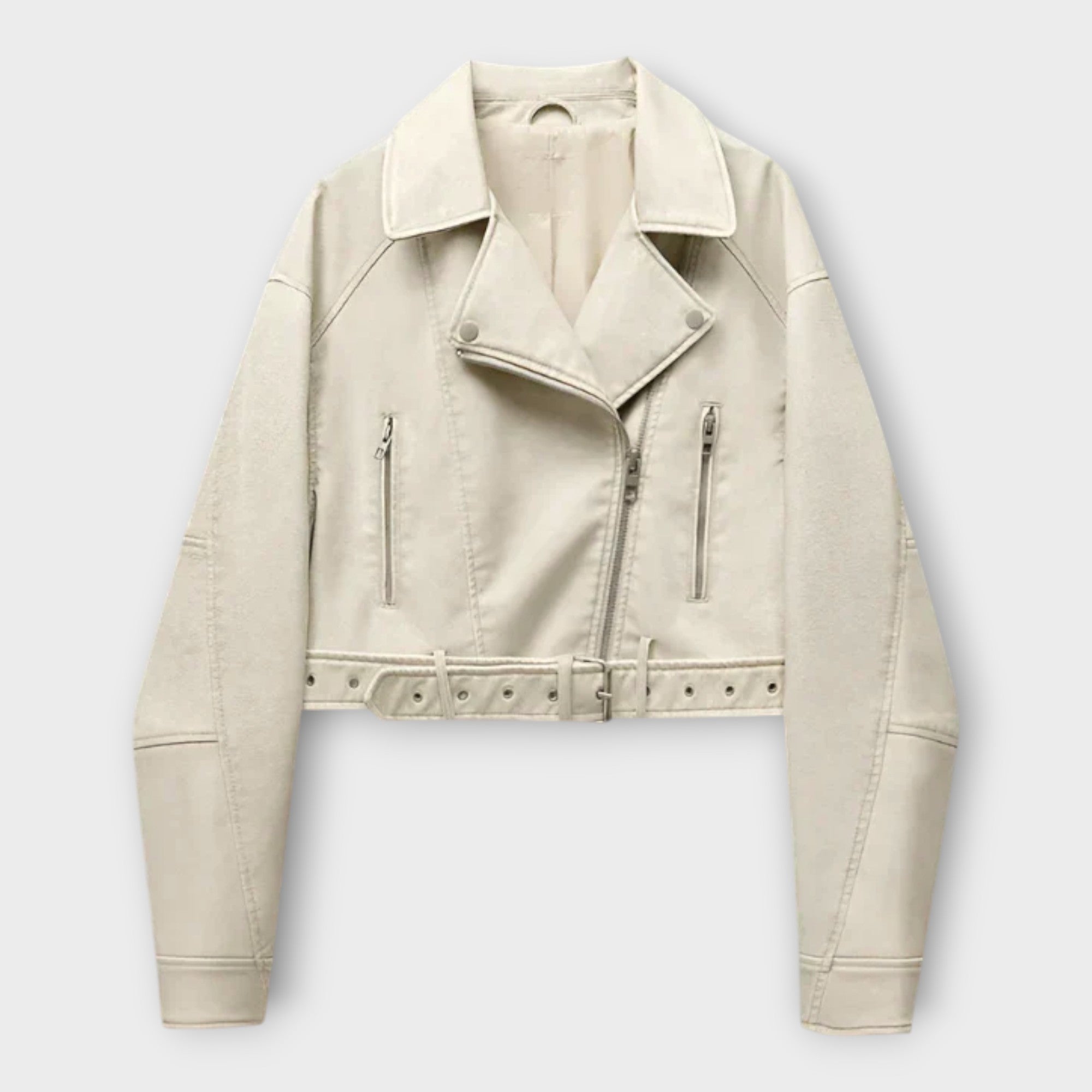 Modern Short Leather Jacket with Belt and Sophisticated Aesthetics