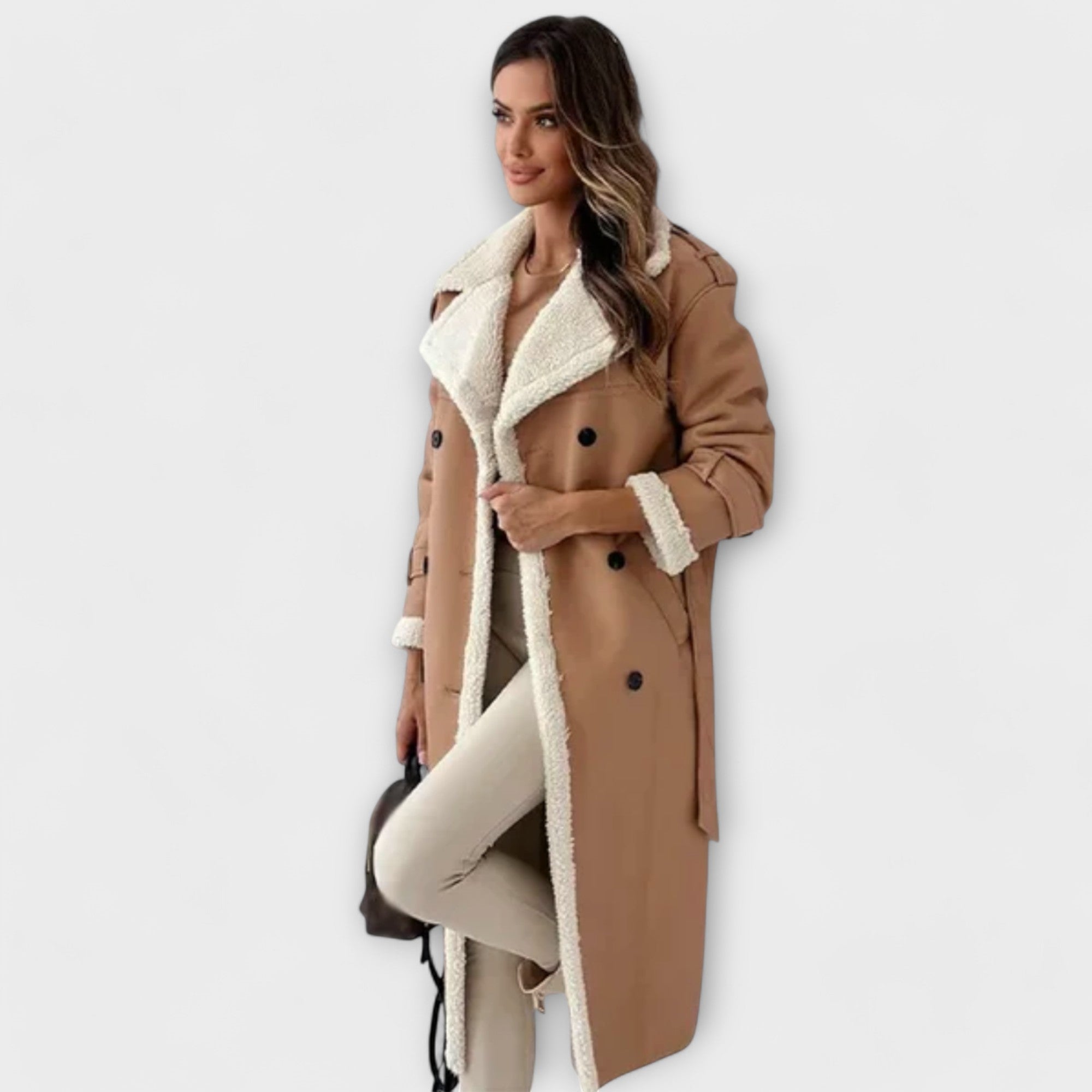 Maria – Classic long coat with fleece lining and fur collar