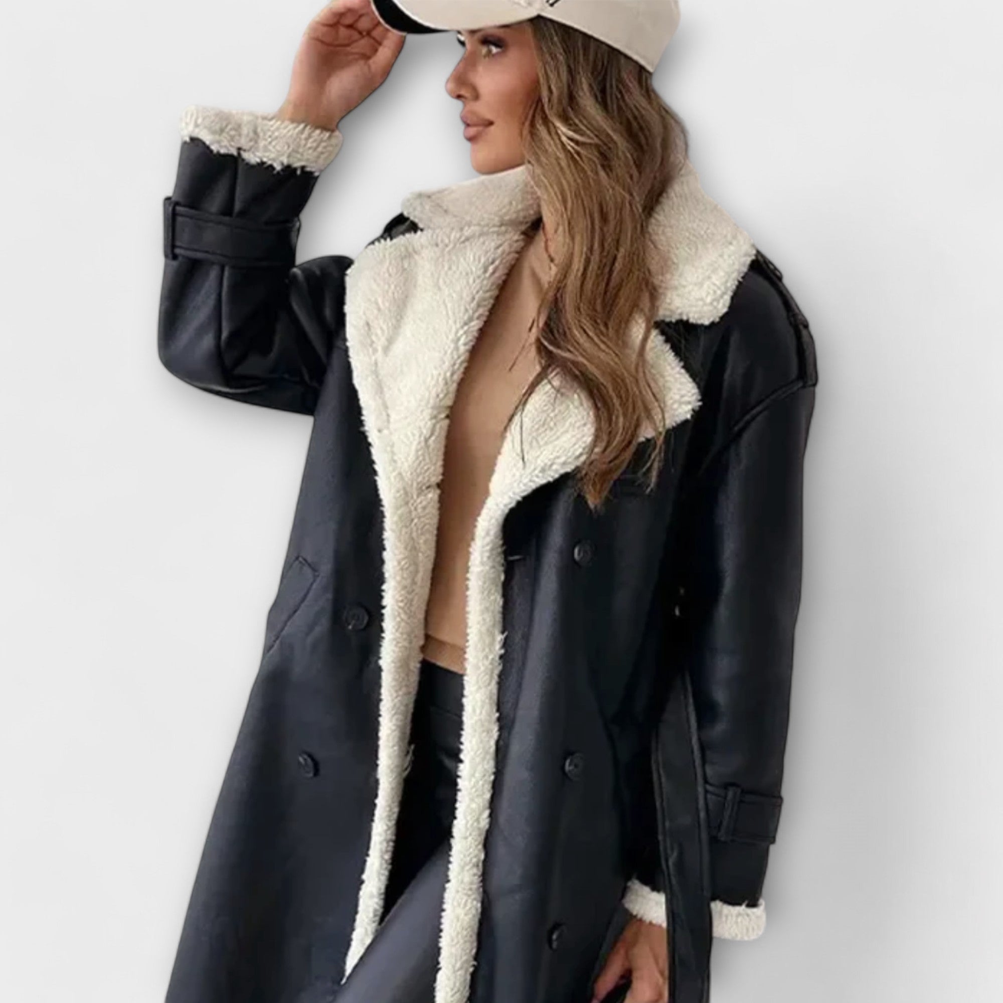 Maria – Classic long coat with fleece lining and fur collar
