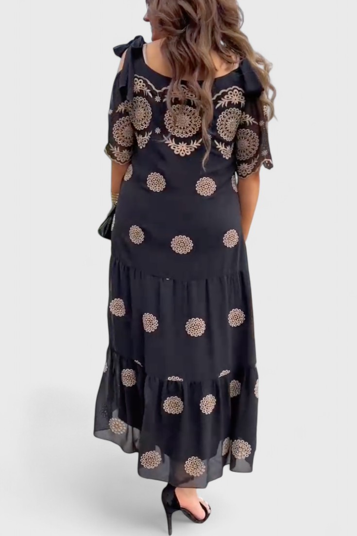 Cathy Elegant Summer Dress in Net with Openings and a Flowing Line