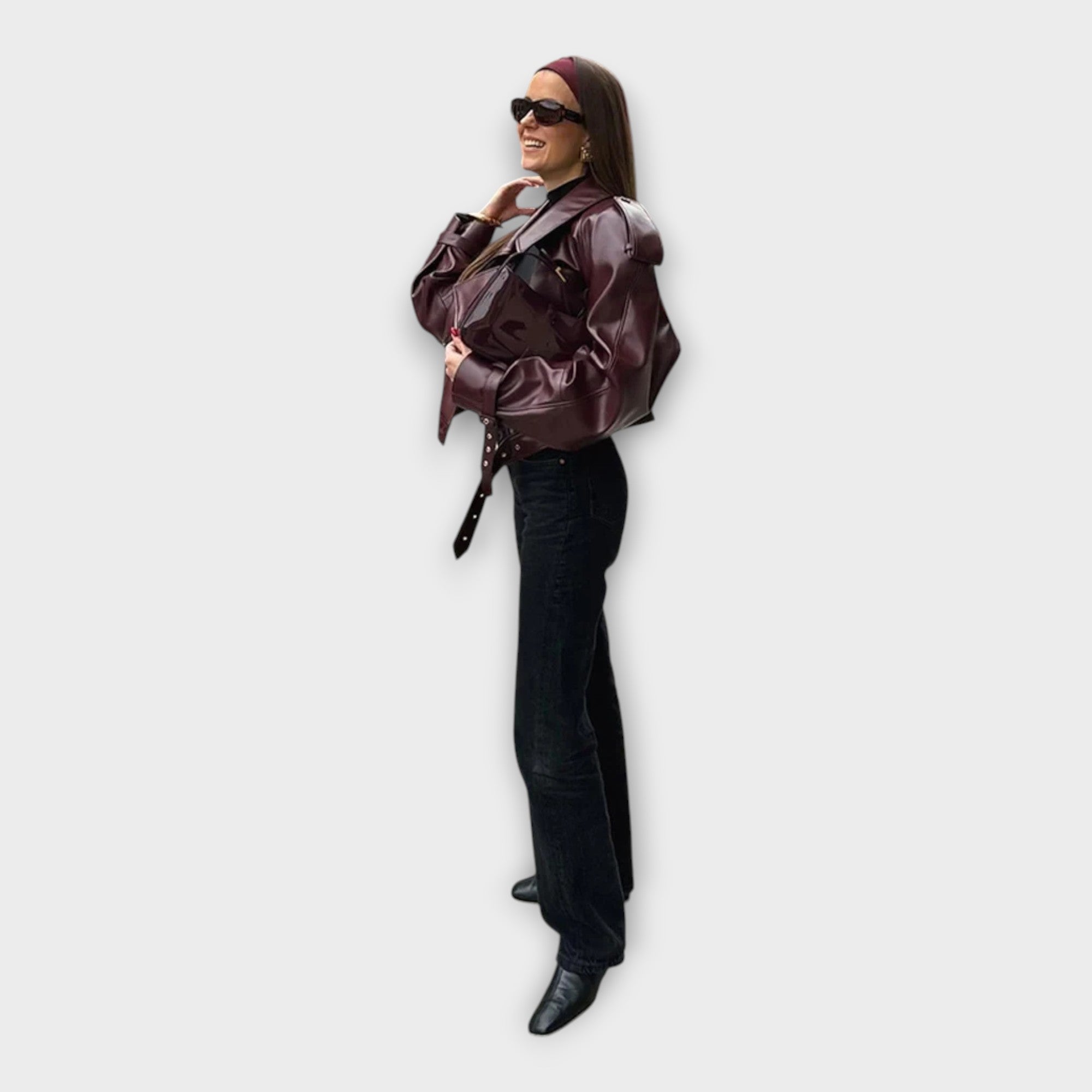 Leather Jacket with Belt and Modern Detail