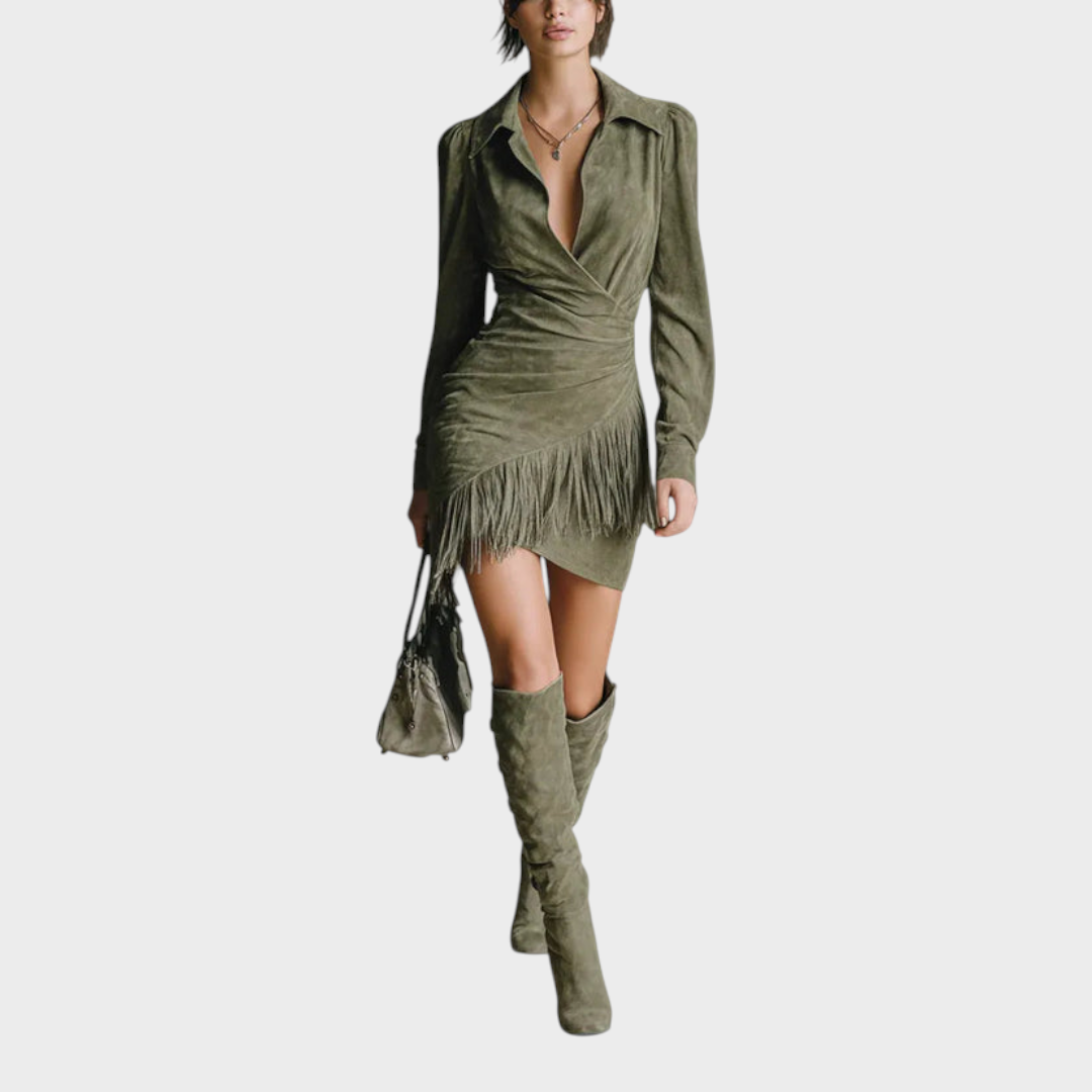 Jhemaica | OLIVE GREEN FAUX SUEDE V-NECK WRAP MINI DRESS