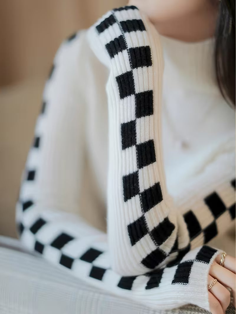 Wanda | Check Sleeve High-Neck Sweater