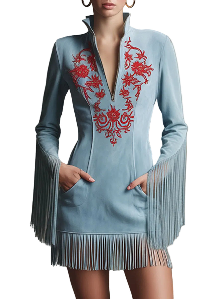 Astrid | Western Retro Red Embroidered Blue Faux Suede Long-Sleeved Tassel Mini Dress