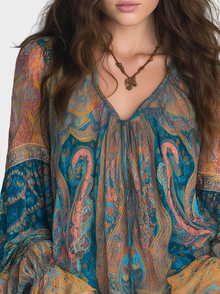 Alina | Bohemian Teal & Amber Paisley Chiffon Blouse With Ruffled Cuffs
