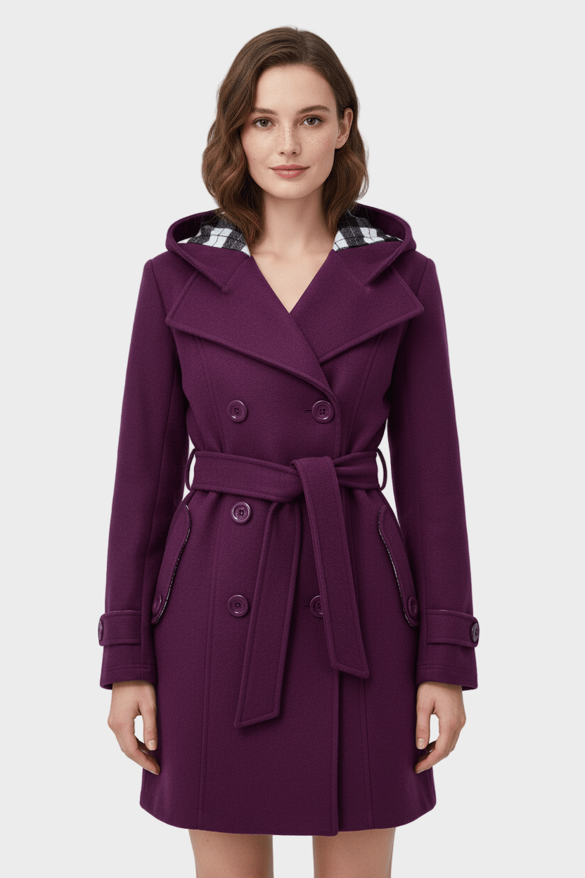 Hermione | Women's Double-Breasted Wool Blend Coat with Hood and Waist Belt