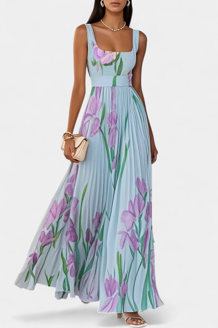Kalanthi Long Pleated Dress with Floral Pattern and Square Neckline