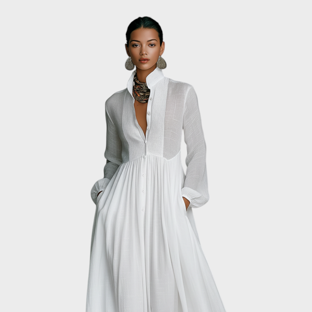 Leah | Women's Minimalist Cotton And Linen Patchwork Single-breasted Stand-up Collar Long-sleeved Maxi Dress MDA0658K6Y
