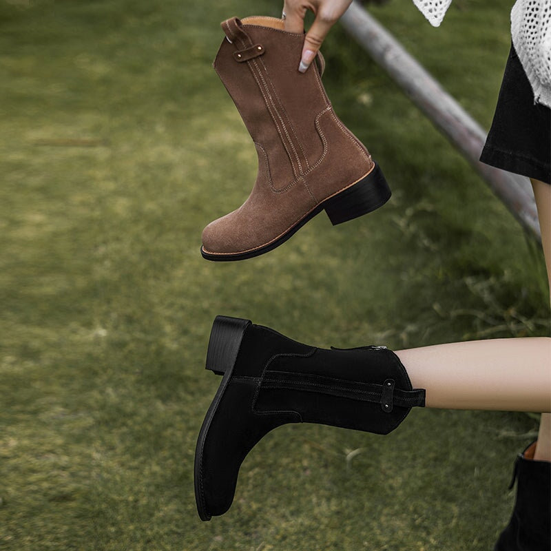 Umani | Women's Suede Ankle Boots with Chunky Heel and Zipper at the Back