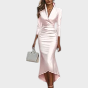 Blanca | Women's White Satin Dress Wrap V Neck 3/4 Sleeve High Low Bodycon Maxi Dress