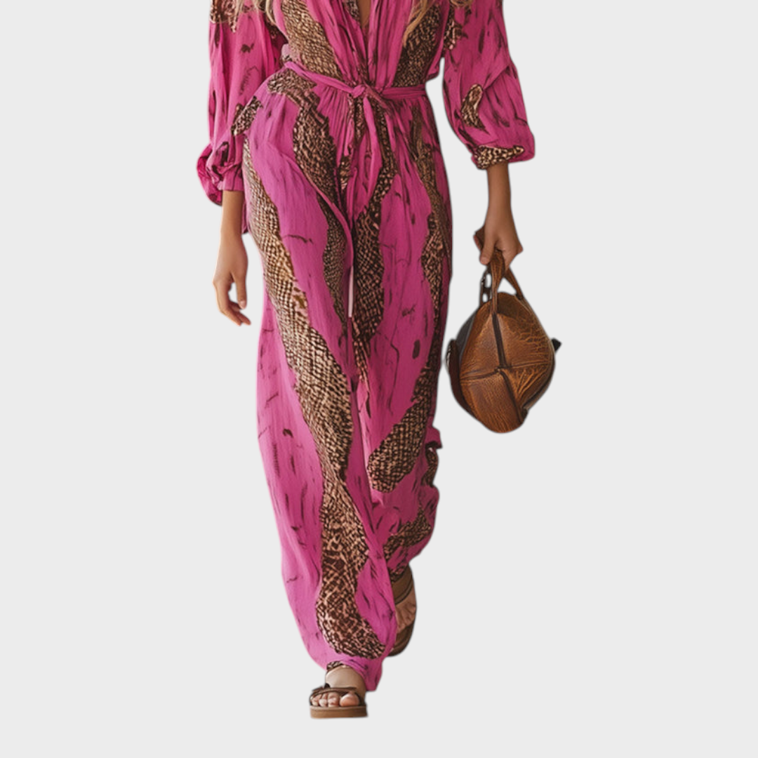 Kamryn | Casual Loose Rose Red Chiffon Leopard Print Long-Sleeved Jumpsuit