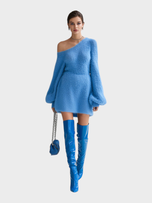 Lucy | ElevenOra Chic Elegant Blue Mini Dress With One Shoulder Long Puff Sleeve A-Line