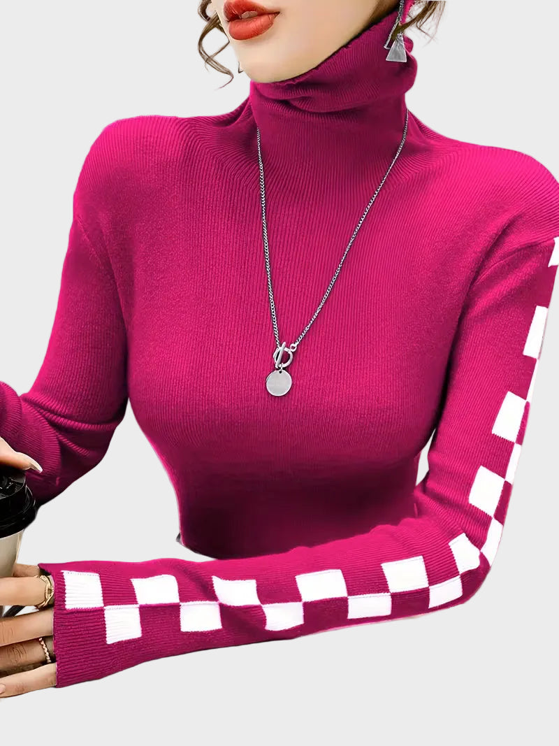 Wanda | Check Sleeve High-Neck Sweater