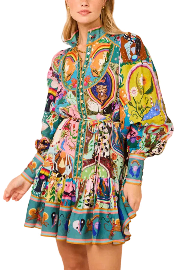 Tina - Luxury Unique Print Balloon Sleeve Button Shirt Mini Dress