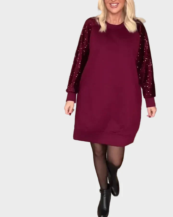 Cunningham - Dress with Round Neckline, Long Sleeves, and Sequins