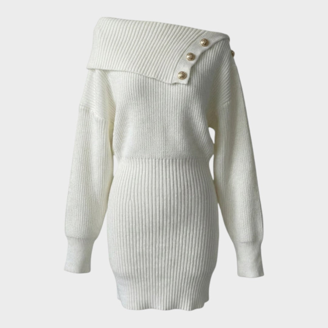 Chrisanthi | Fashion Dress with Button, Notched Neckline, Batwing Sleeves