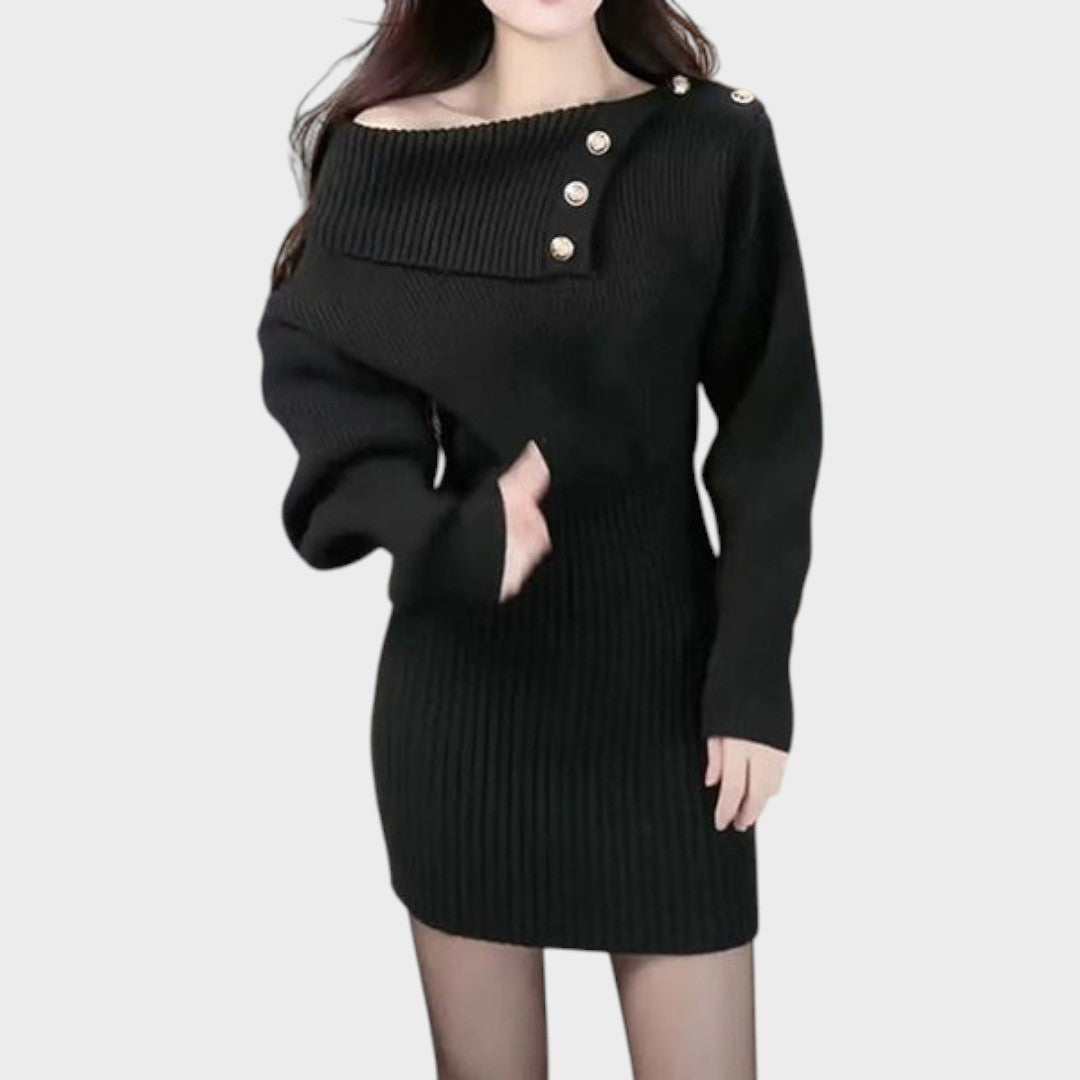 Chrisanthi | Fashion Dress with Button, Notched Neckline, Batwing Sleeves