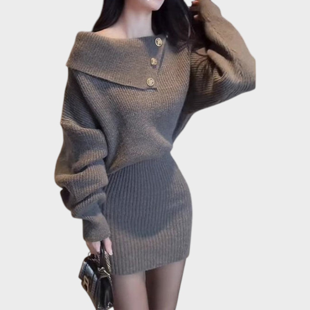 Chrisanthi | Fashion Dress with Button, Notched Neckline, Batwing Sleeves