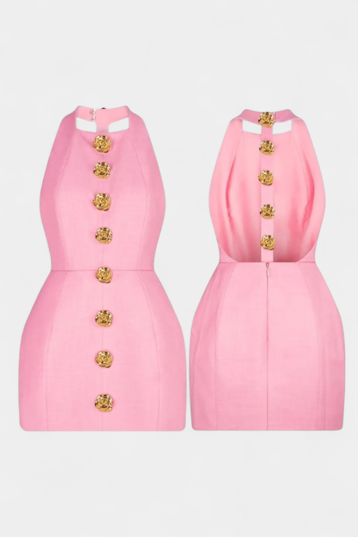 Yvonne Mini Dress with Tie Neck, Open Back and Floral Detail