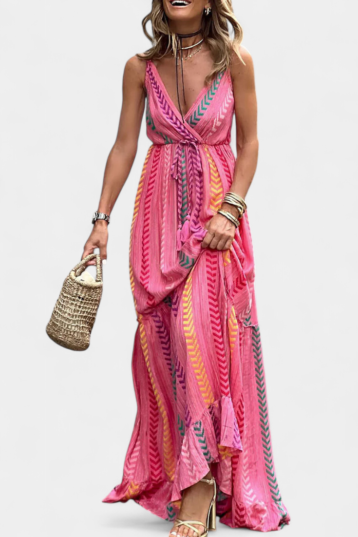 Asunción Long Pink Dress with Multicolored Stripes