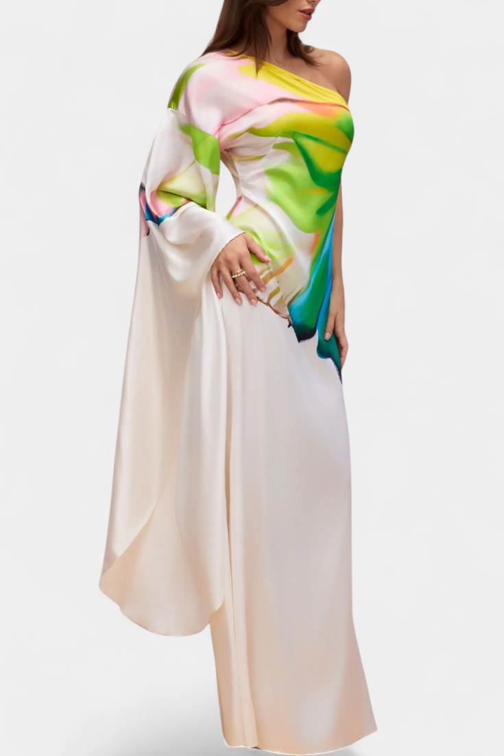 Beryl Asymmetric One-Sleeve Dress with Print