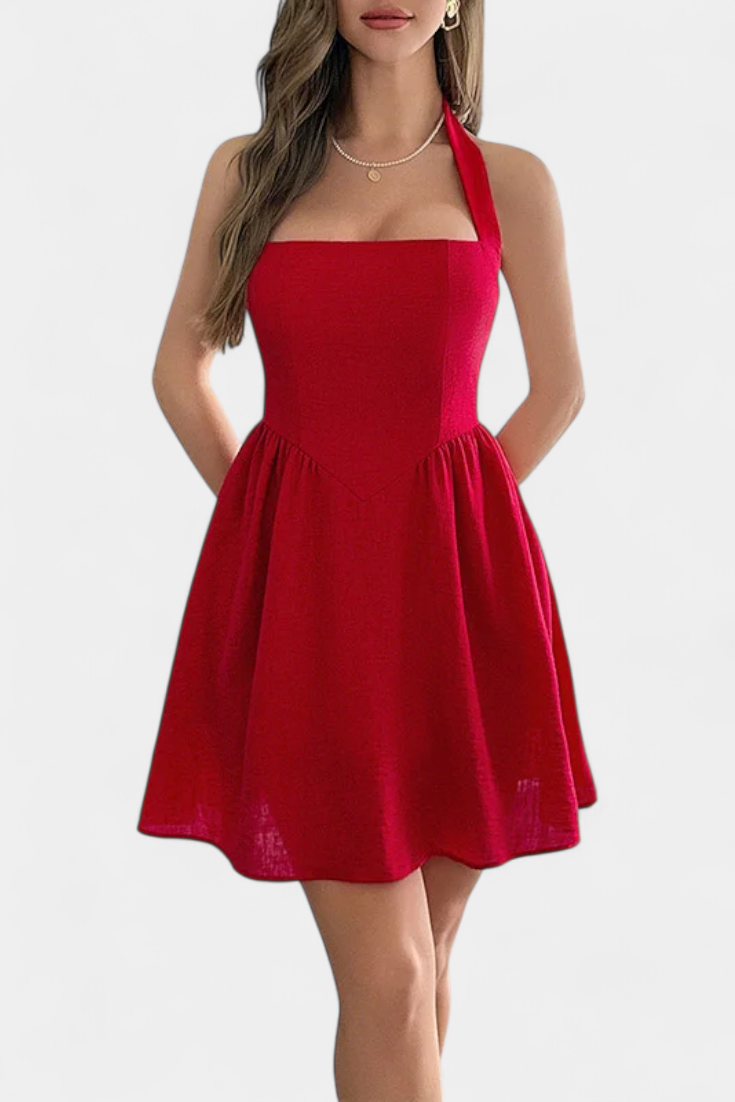 Kassandra Halter Mini Dress with Open Back and Pockets