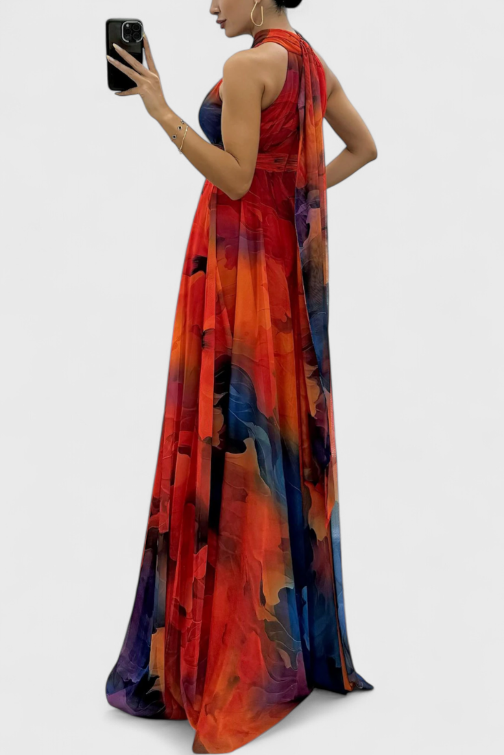 Floral Chiffon Maxi Dress with Tie Neck