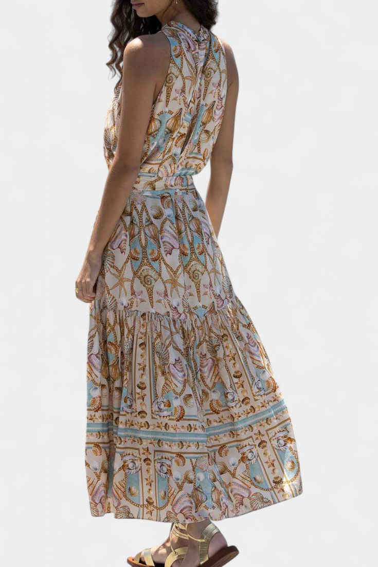 Teófila Long Silk Dress with Ocean Treasures Print