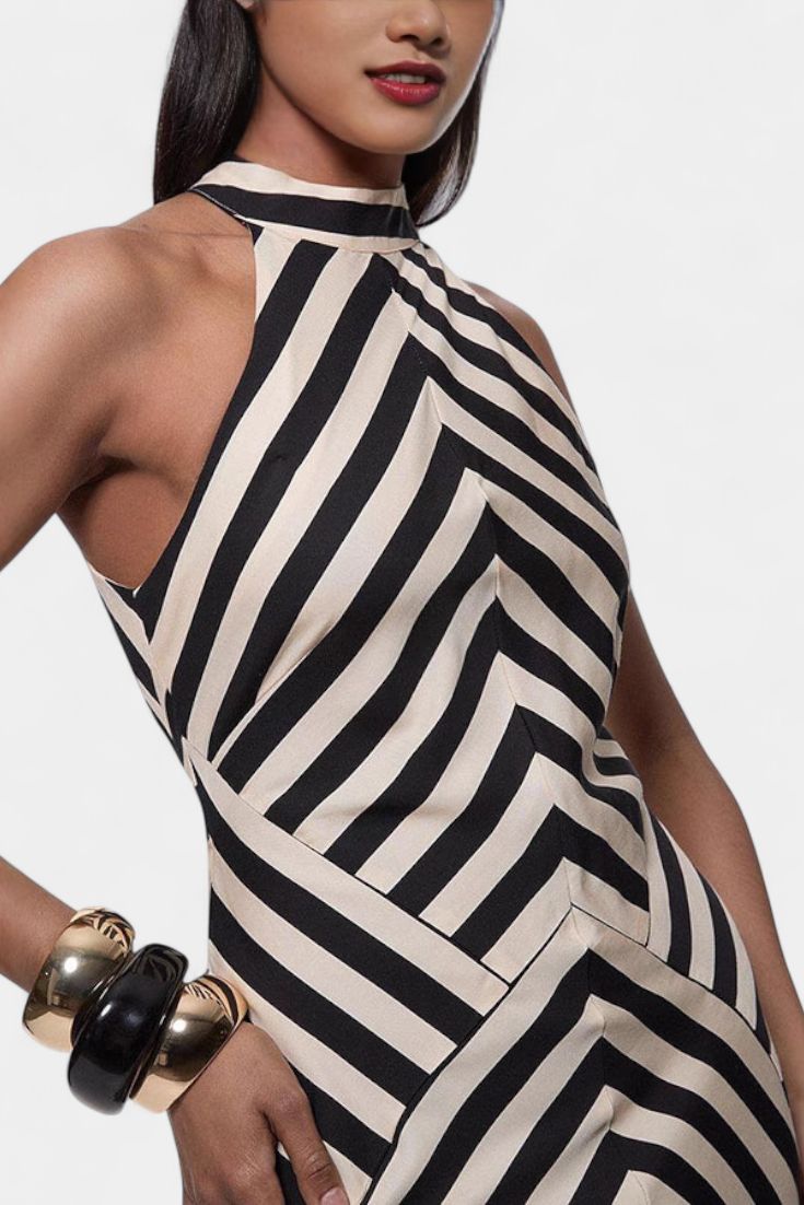 Crispina Striped Halter Maxi Dress with Flowing Line