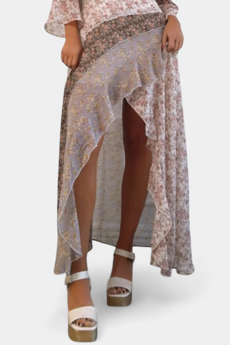 Ruth Long Floral Dress with 3/4 Sleeves and Ruffles