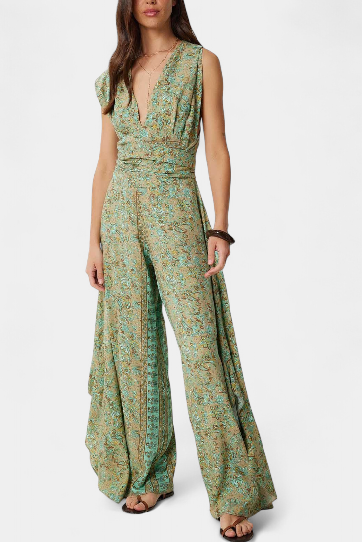 Leandra Flowy Green Floral Print Wrap Jumpsuit