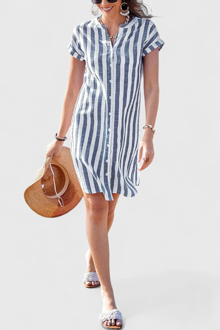 Sandrine Striped Linen Shirt Dress with Buttons