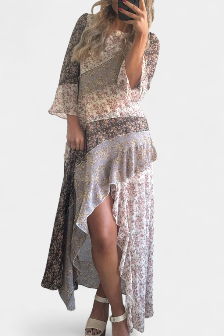 Ruth Long Floral Dress with 3/4 Sleeves and Ruffles