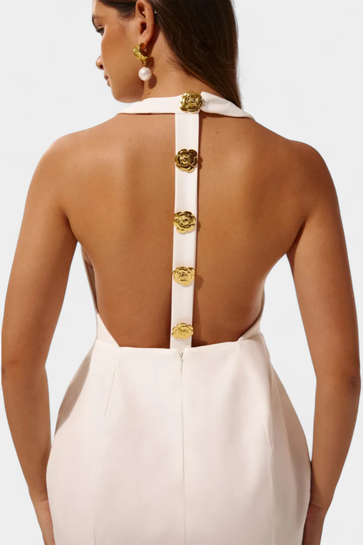 Yvonne Mini Dress with Tie Neck, Open Back and Floral Detail