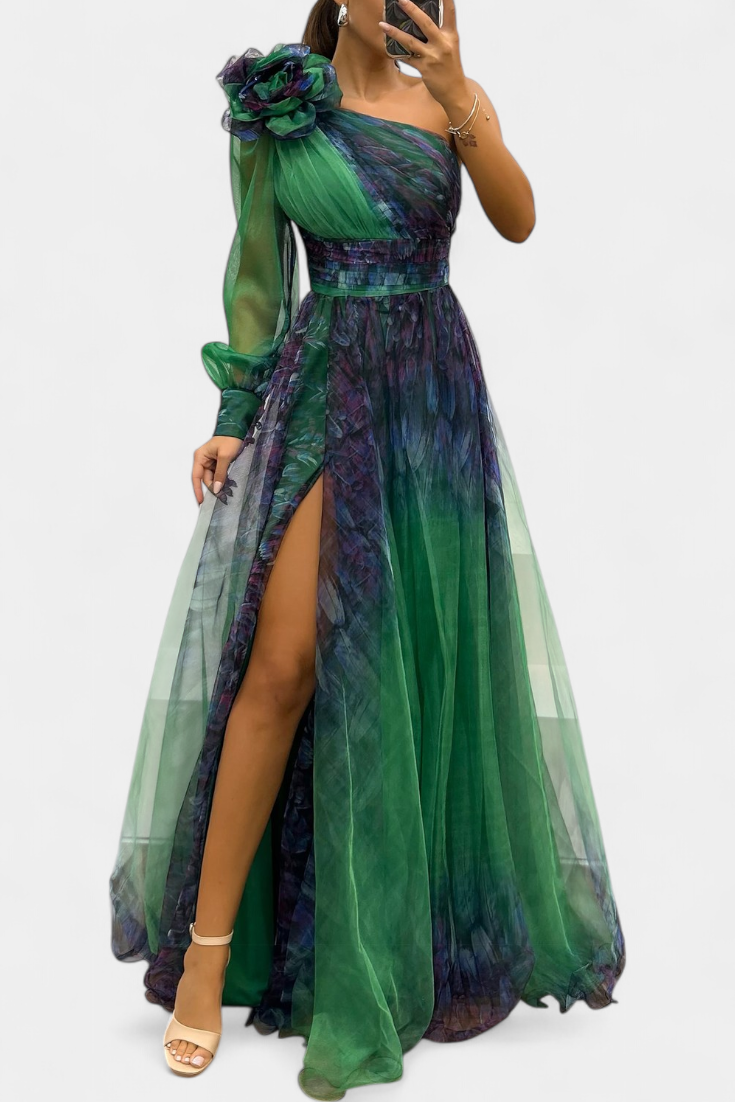 Becca Off-the-Shoulder Chiffon Maxi Dress with Voluminous Flower