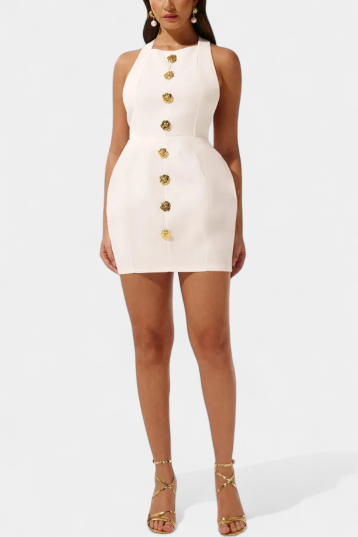 Yvonne Mini Dress with Tie Neck, Open Back and Floral Detail