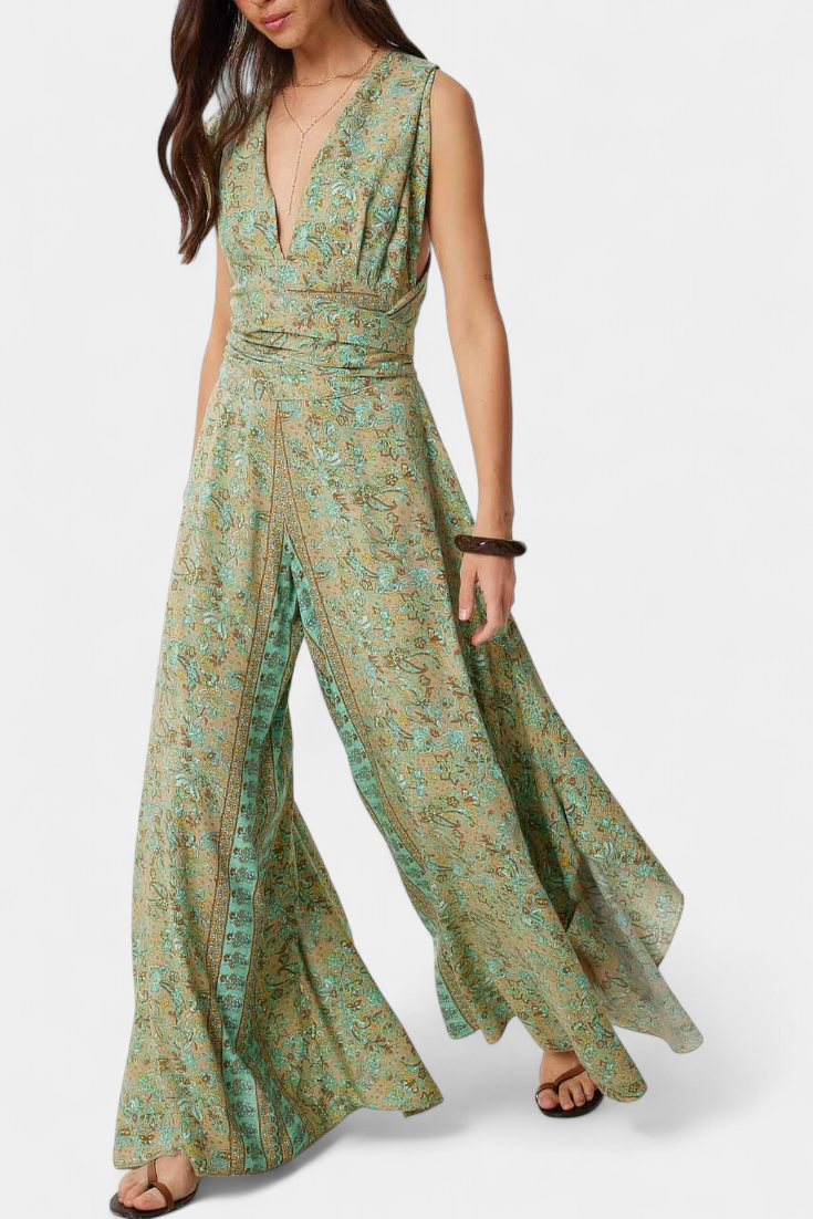 Leandra Flowy Green Floral Print Wrap Jumpsuit