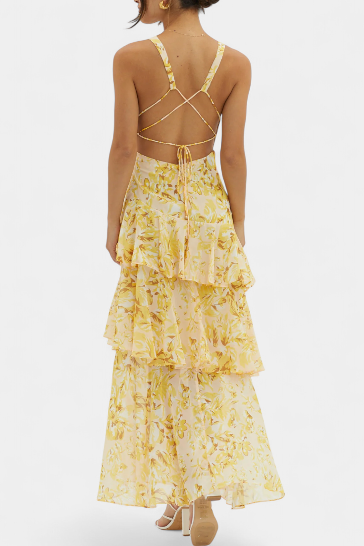 Domenica Chiffon Dress with V-Neckline and Airy Layers