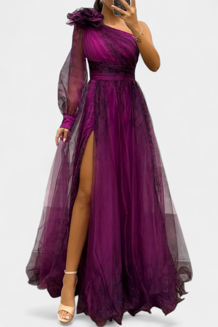 Becca Off-the-Shoulder Chiffon Maxi Dress with Voluminous Flower