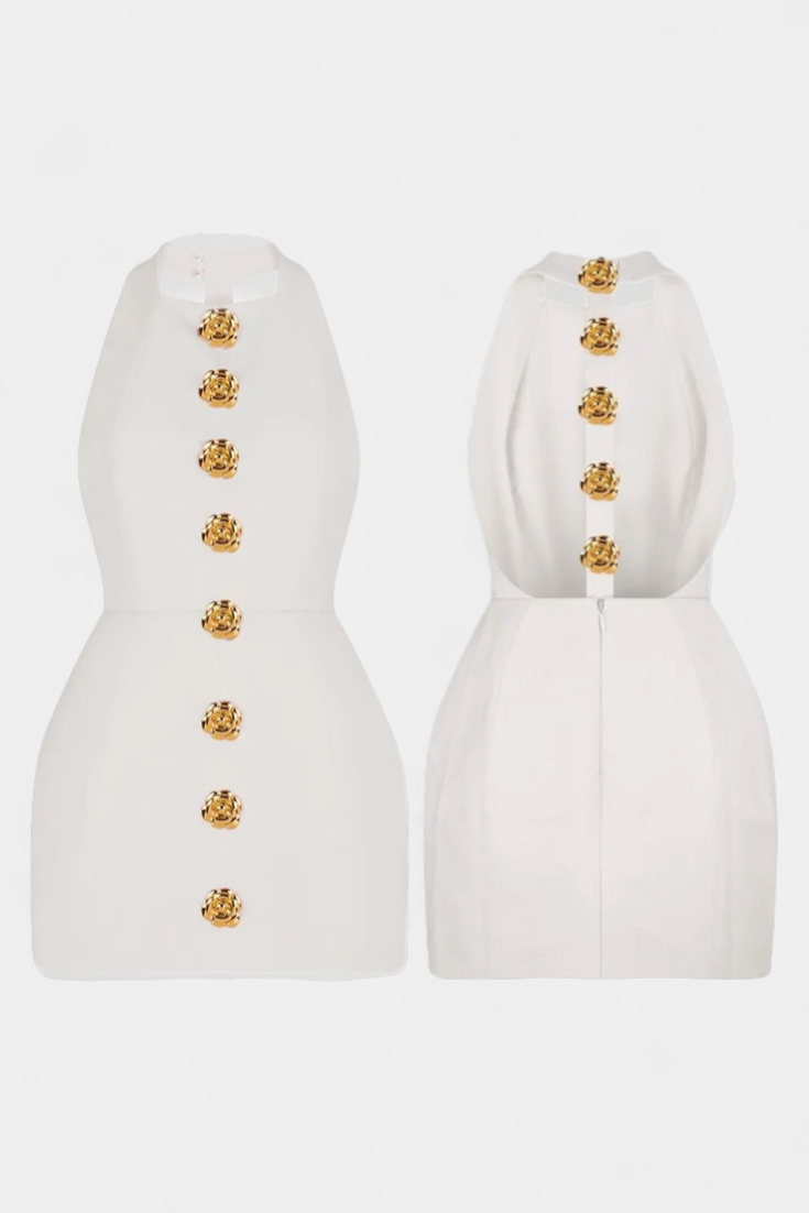 Yvonne Mini Dress with Tie Neck, Open Back and Floral Detail