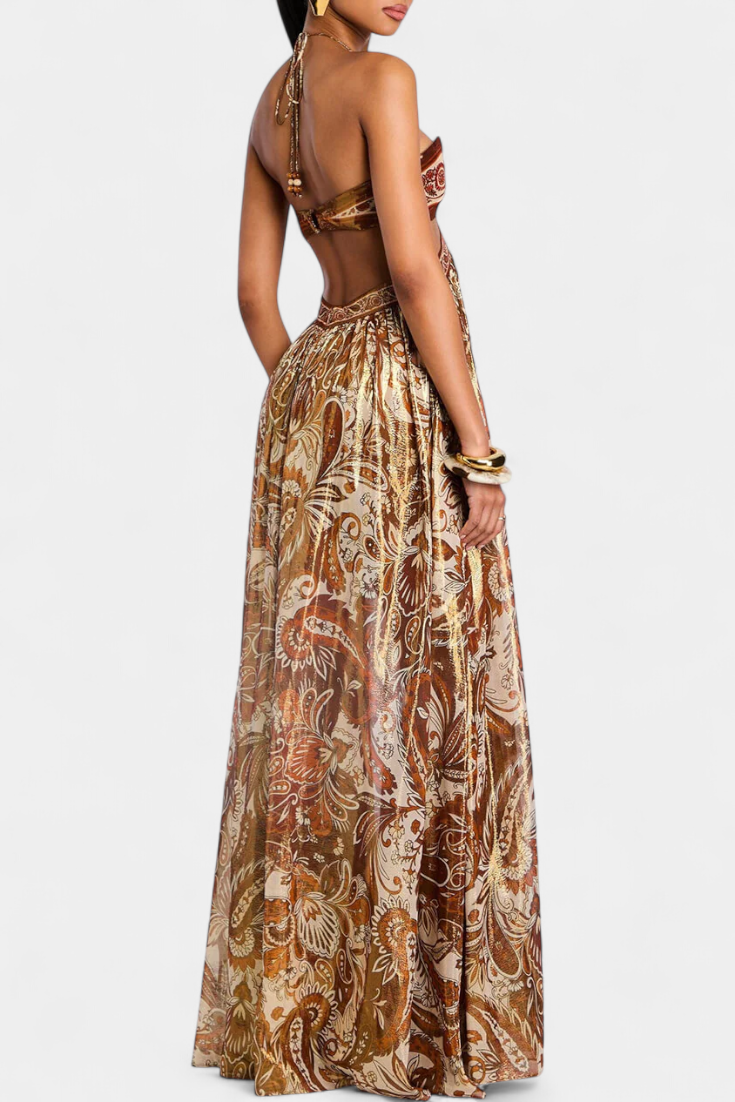 Maxi Dress with Tie Neck, Open Back and Cutouts