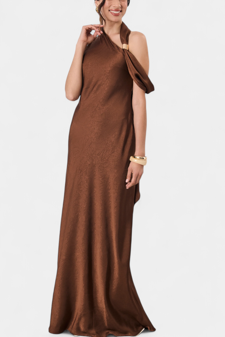 Robina Long Asymmetrical Dress in Bronze