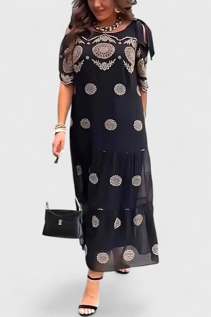 Cathy Elegant Summer Dress in Net with Openings and a Flowing Line