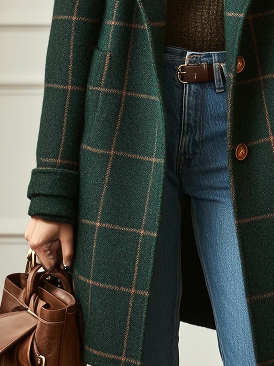 Women's Retro Coat with Back and Plaid