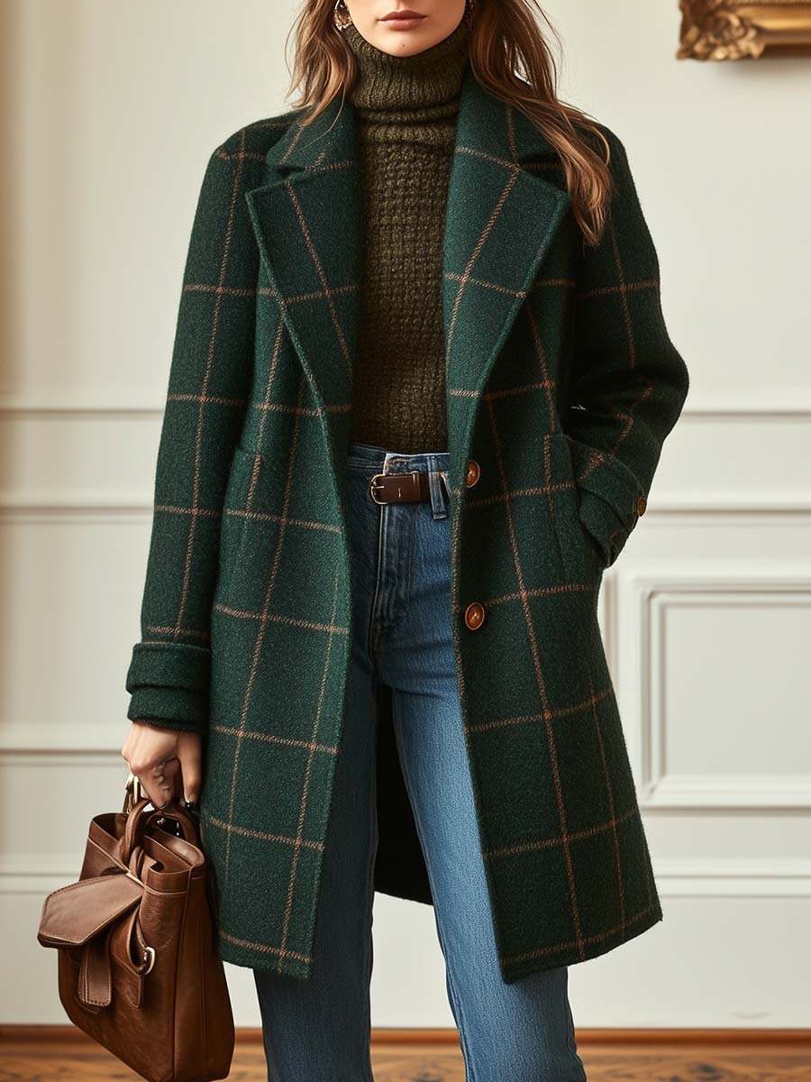 Women's Retro Coat with Back and Plaid