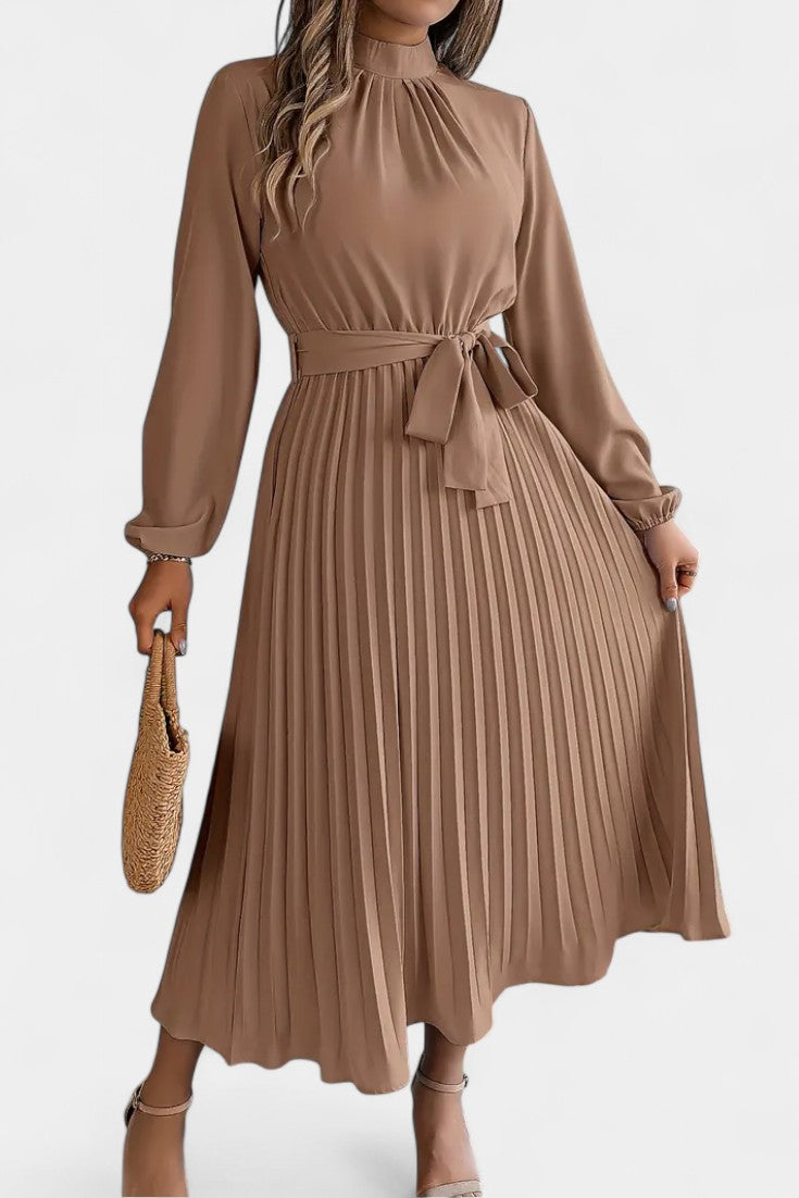 Theresa High Neck Dress with Pleated Belt