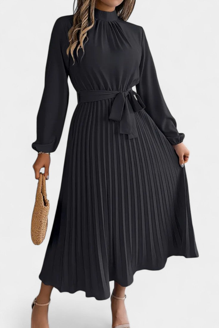 Theresa High Neck Dress with Pleated Belt