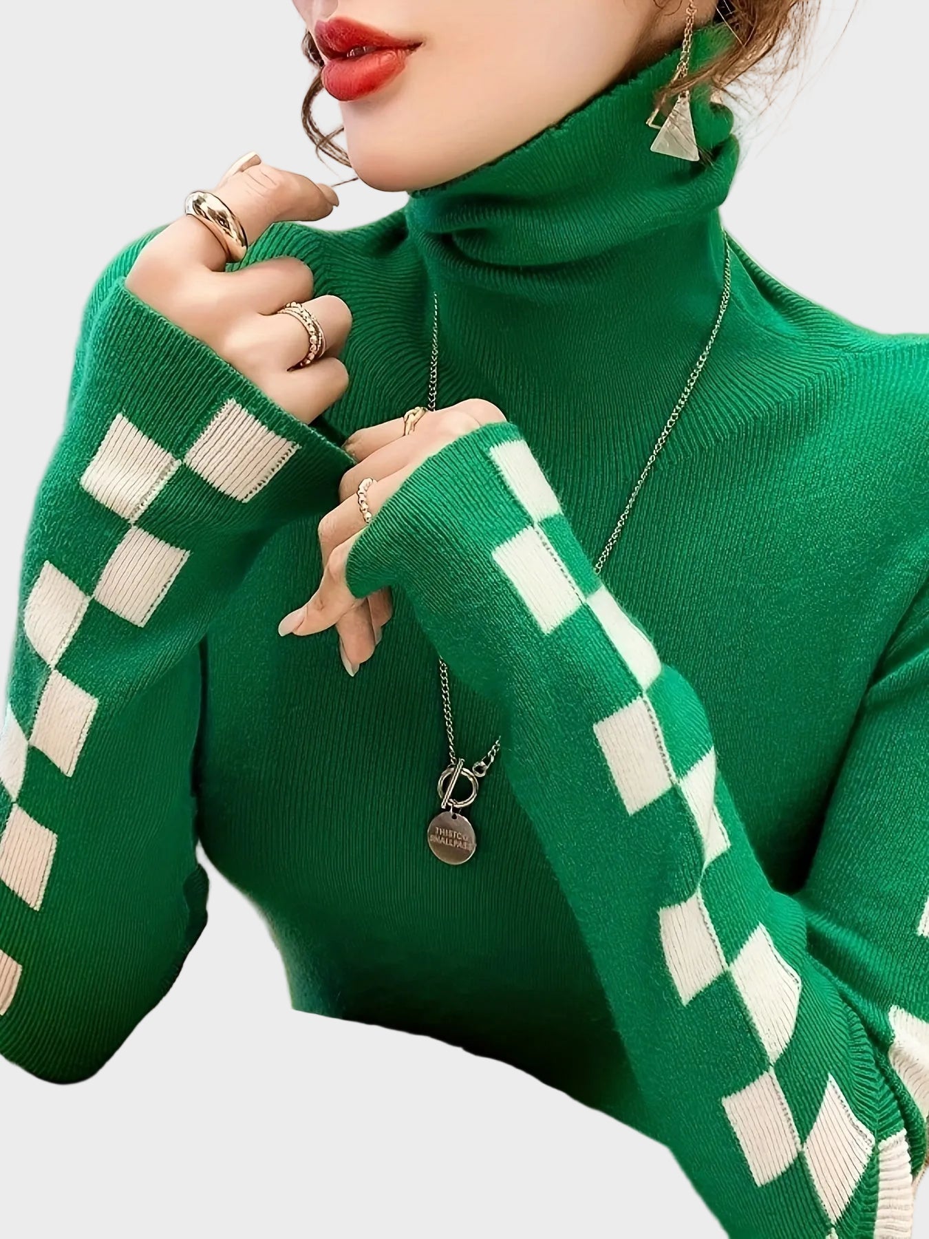 Wanda | Check Sleeve High-Neck Sweater